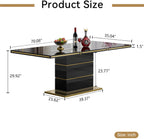SSLine 70" Modern High Gloss Dining Table for 6, Black Wooden Tabletop with Gold Stainless Steel Trim, Geometric Pedestal Base, Luxury Elegant Kitchen Table for Home Office Dining Room