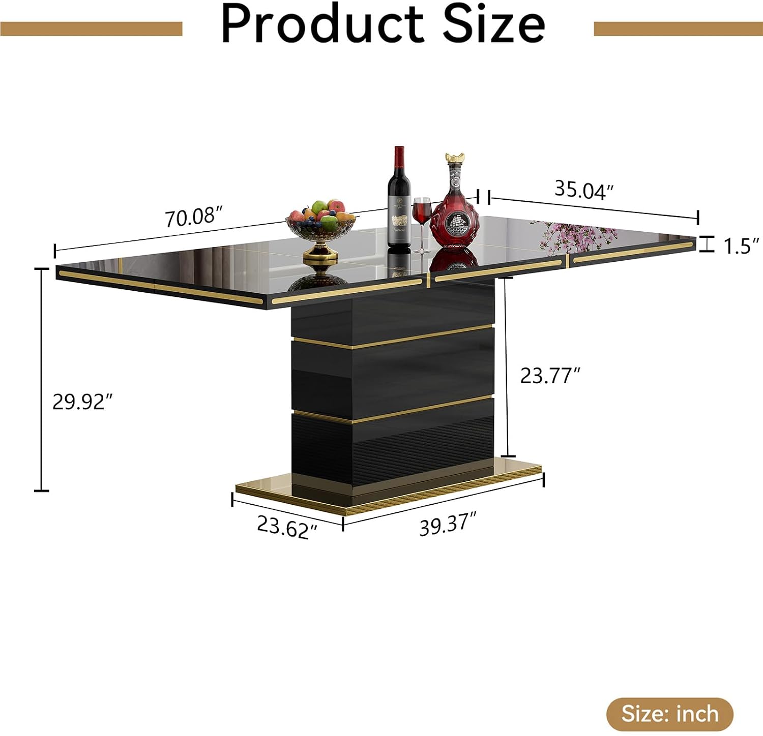 SSLine 70" Modern High Gloss Dining Table for 6, Black Wooden Tabletop with Gold Stainless Steel Trim, Geometric Pedestal Base, Luxury Elegant Kitchen Table for Home Office Dining Room