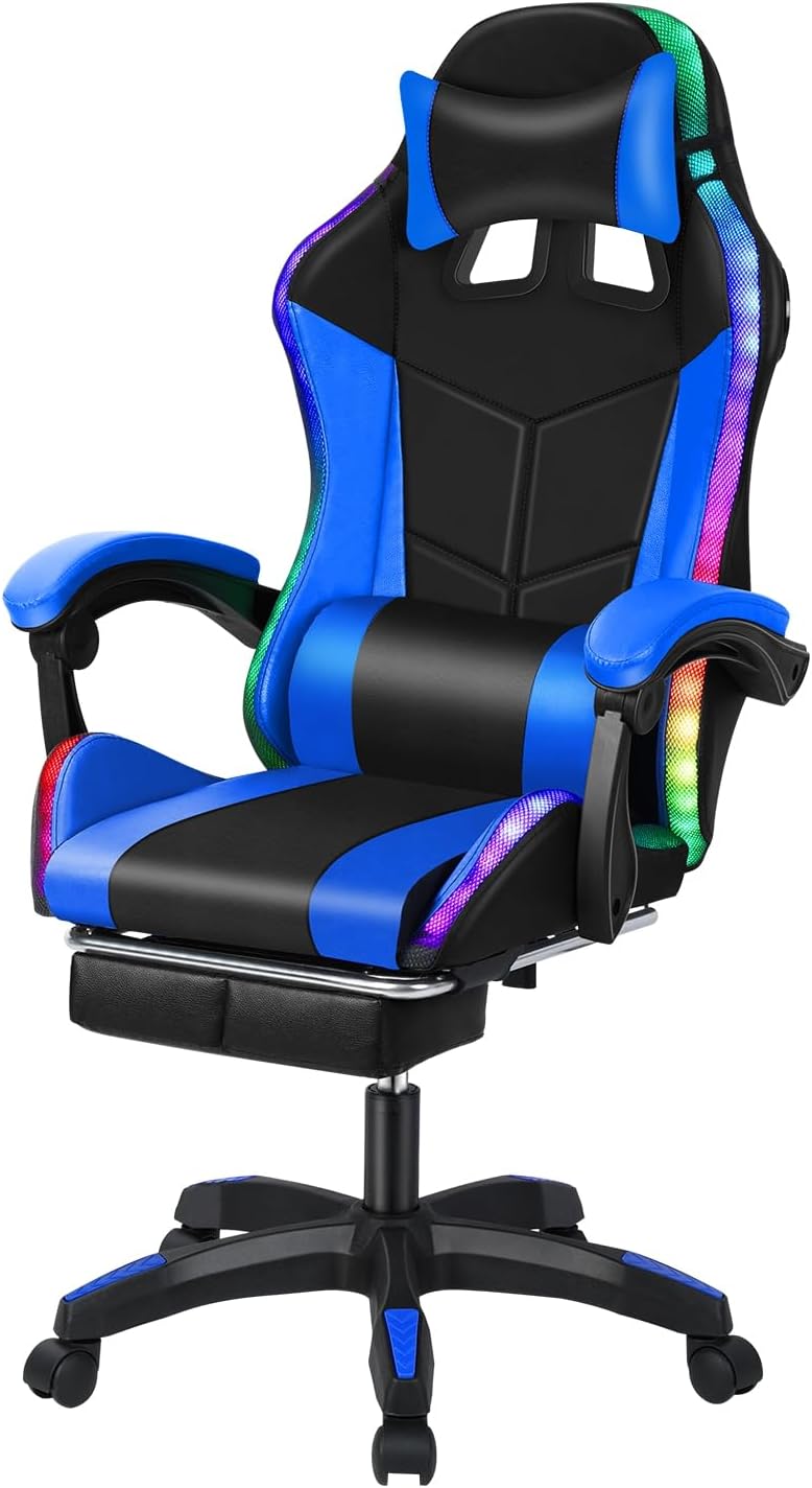Gaming Chair, Computer Chair with Footrest and Lumbar Support, Height Adjustable Game Chair with 360° Swivel Seat and Headrest, High Back Office Chair with Bluetooth Speakers and LED Lights Blue