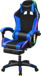 Gaming Chair, Computer Chair with Footrest and Lumbar Support, Height Adjustable Game Chair with 360° Swivel Seat and Headrest, High Back Office Chair with Bluetooth Speakers and LED Lights Blue