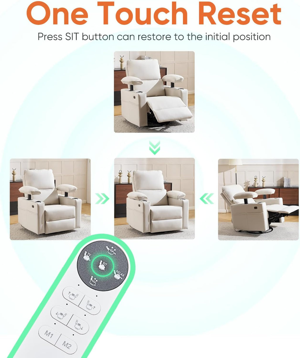 270° Swivel Rocker Recliner with Adjustable Armrests,Oversized Power Nursery Recliner with Heating and Massgae,Rocking Chair Nursery with One-Touch Reset,Double Cup Holder,Faux Leather,Beige