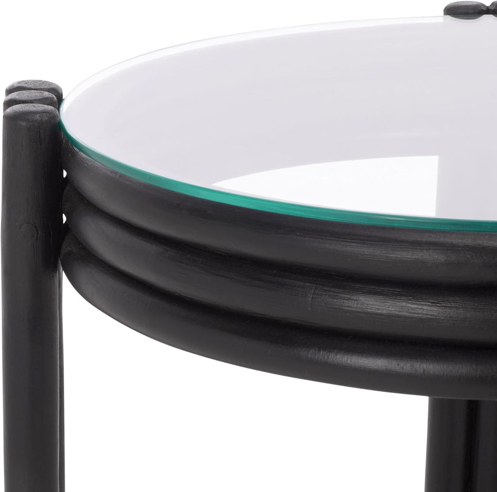 SAFAVIEH Home Collection – Bilian Round Accent Table, Black Rattan Base with Tempered Glass Top, Fully Assembled Accent Table for Living Room or Bedroom (ACC9900C)