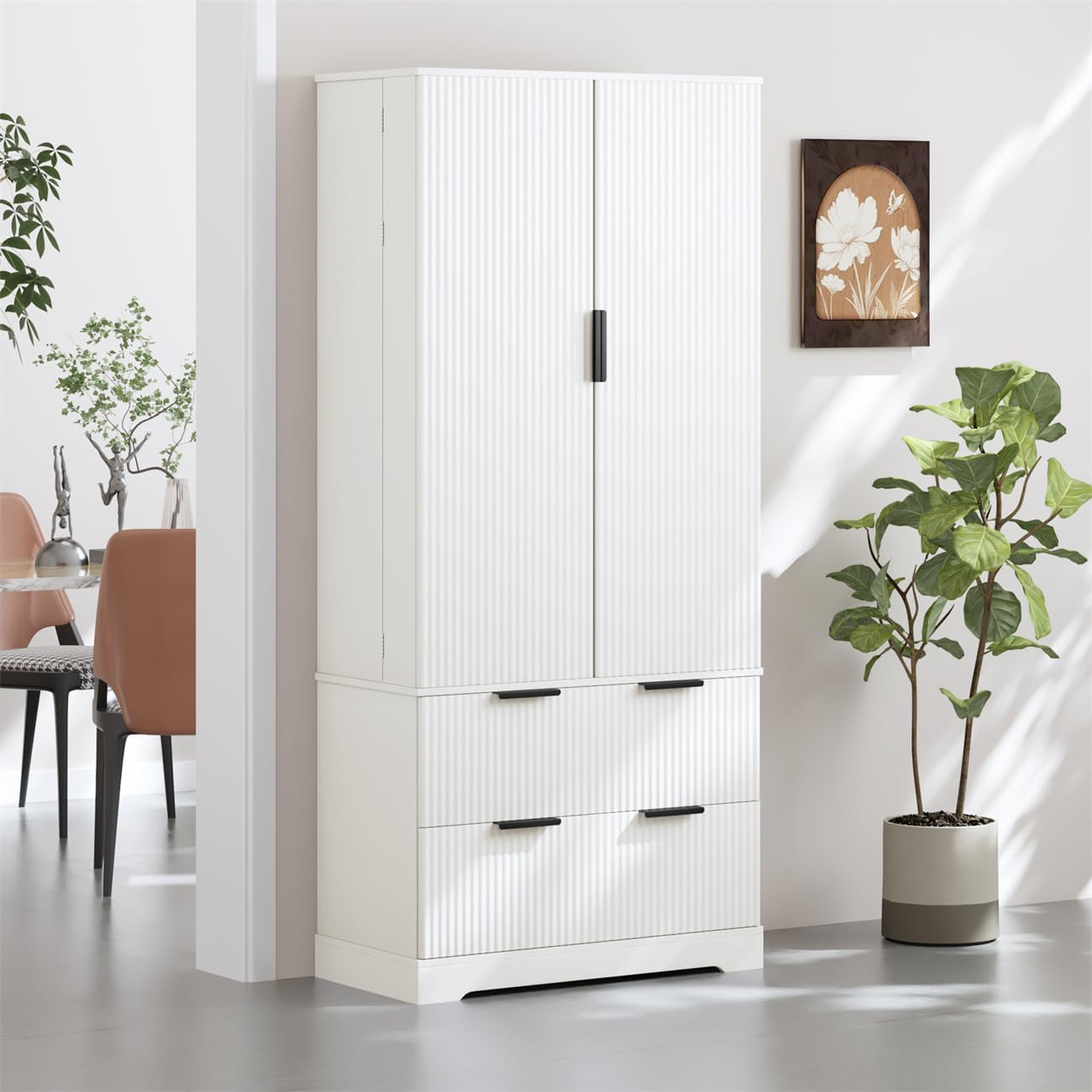ZeHuoGe 72" Modern Fluted Kitchen Pantry Cabinet with 2 Large Drawers & 8-Door Spice Rack, Freestanding Storage Organizer for Bathroom, Dining Room, Office, Entryway (White)