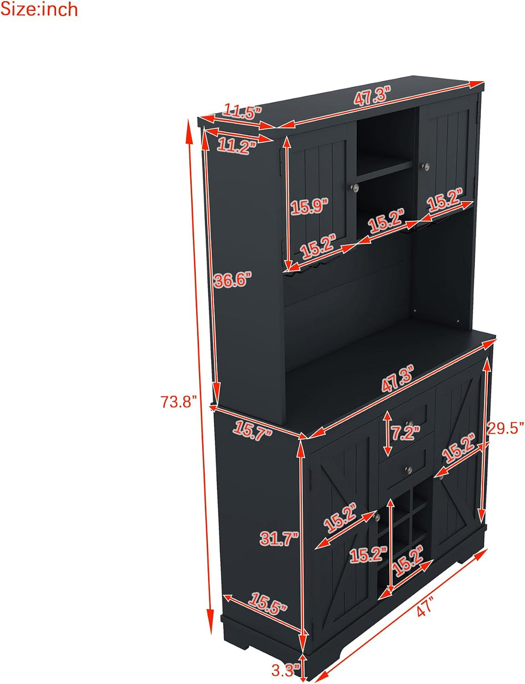 Coffee Bar Cabinet with Storage, 9-Grid Wine Rack & Drawers, Farmhouse Kitchen Buffet with Glass Hooks for Dining Room, Living Room, Kitchen (Blue, 73")