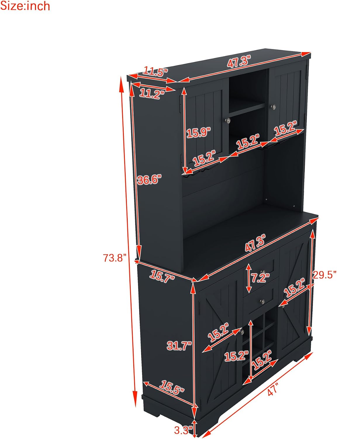 Coffee Bar Cabinet with Storage, 9-Grid Wine Rack & Drawers, Farmhouse Kitchen Buffet with Glass Hooks for Dining Room, Living Room, Kitchen (Blue, 73")