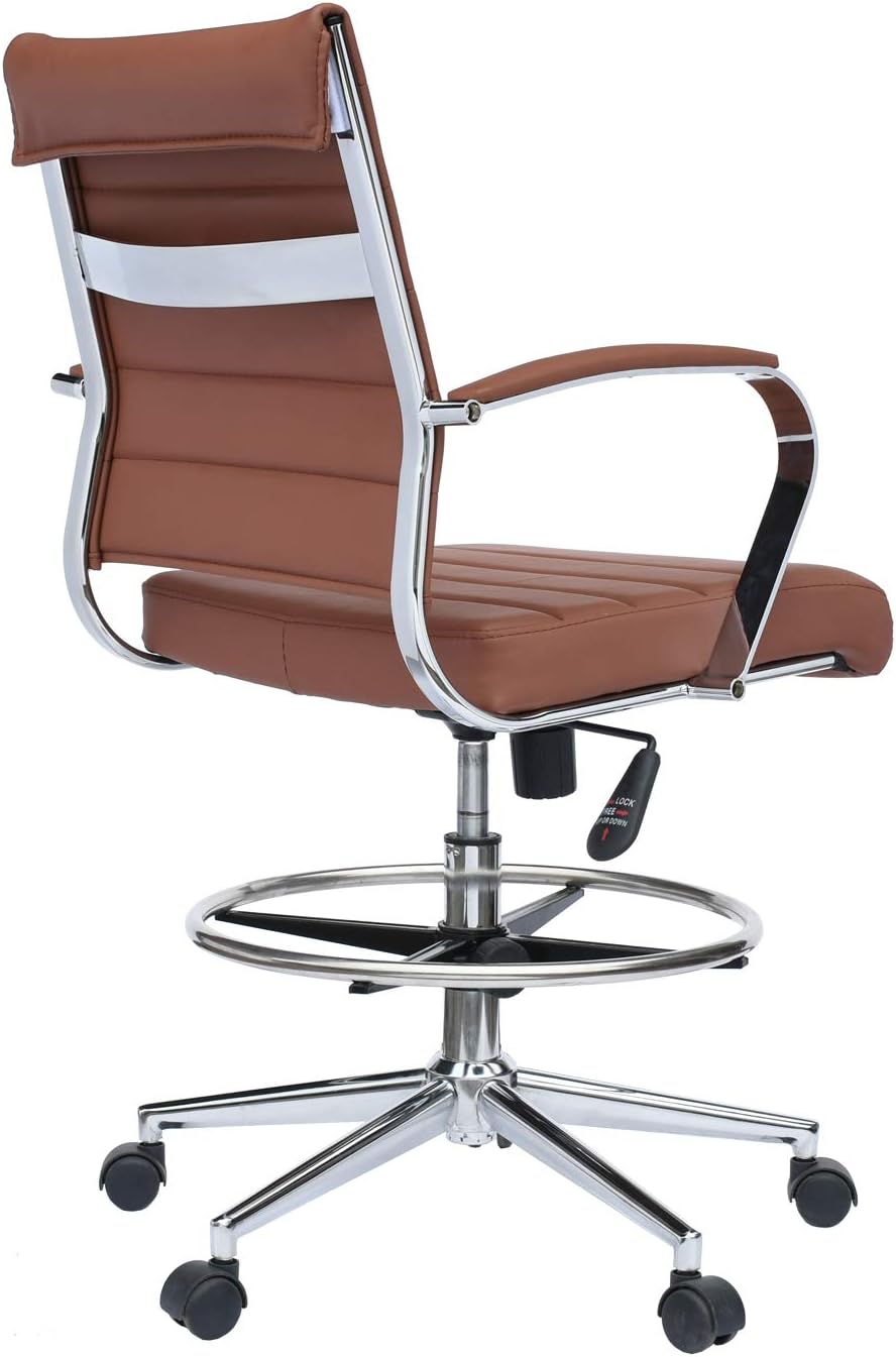 2xhome Modern Drafting Chair | Upholstered PU Leather Ribbed Mid Back with Tall Adjustable Base & Leg Rest | Padded Cushion Seat, Tilt Lock, Swivel | Computer Armchair (1, Brown, Drafting)