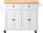 VEVOR Kitchen Island Cart with Storage, 43.7 in Wide Mobile Rolling Storage Island on Swivel Wheels, with 2 Drawers, Storage Cabinet, Spice/Towel Rack, Hooks, Table for Home Dining Room, White