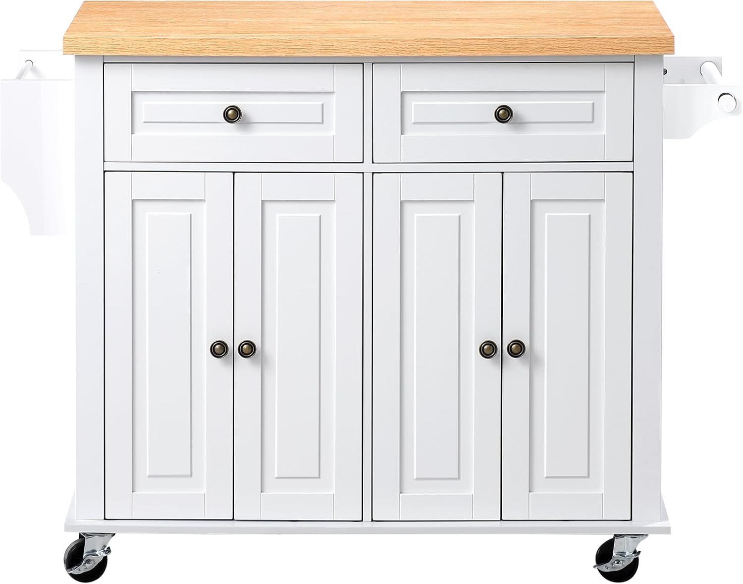 VEVOR Kitchen Island Cart with Storage, 43.7 in Wide Mobile Rolling Storage Island on Swivel Wheels, with 2 Drawers, Storage Cabinet, Spice/Towel Rack, Hooks, Table for Home Dining Room, White