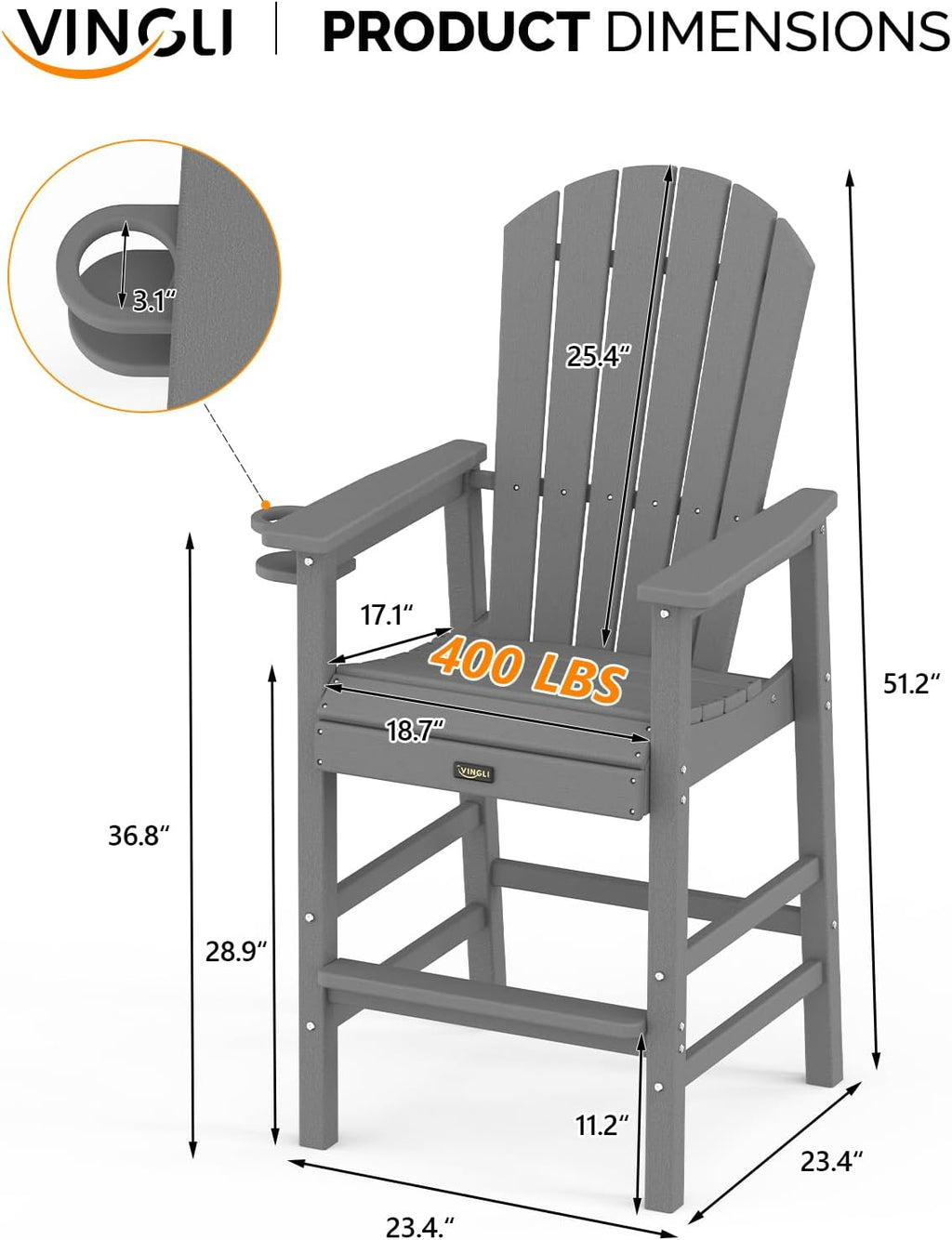 VINGLI Tall Adirondack Chair, All-Weather Plastic Adirondack Chair with Cup Holder Heavy-Duty Outdoor Barstools for Patio, Pool, Balcony,Backyard (Gray, 1 PCS)