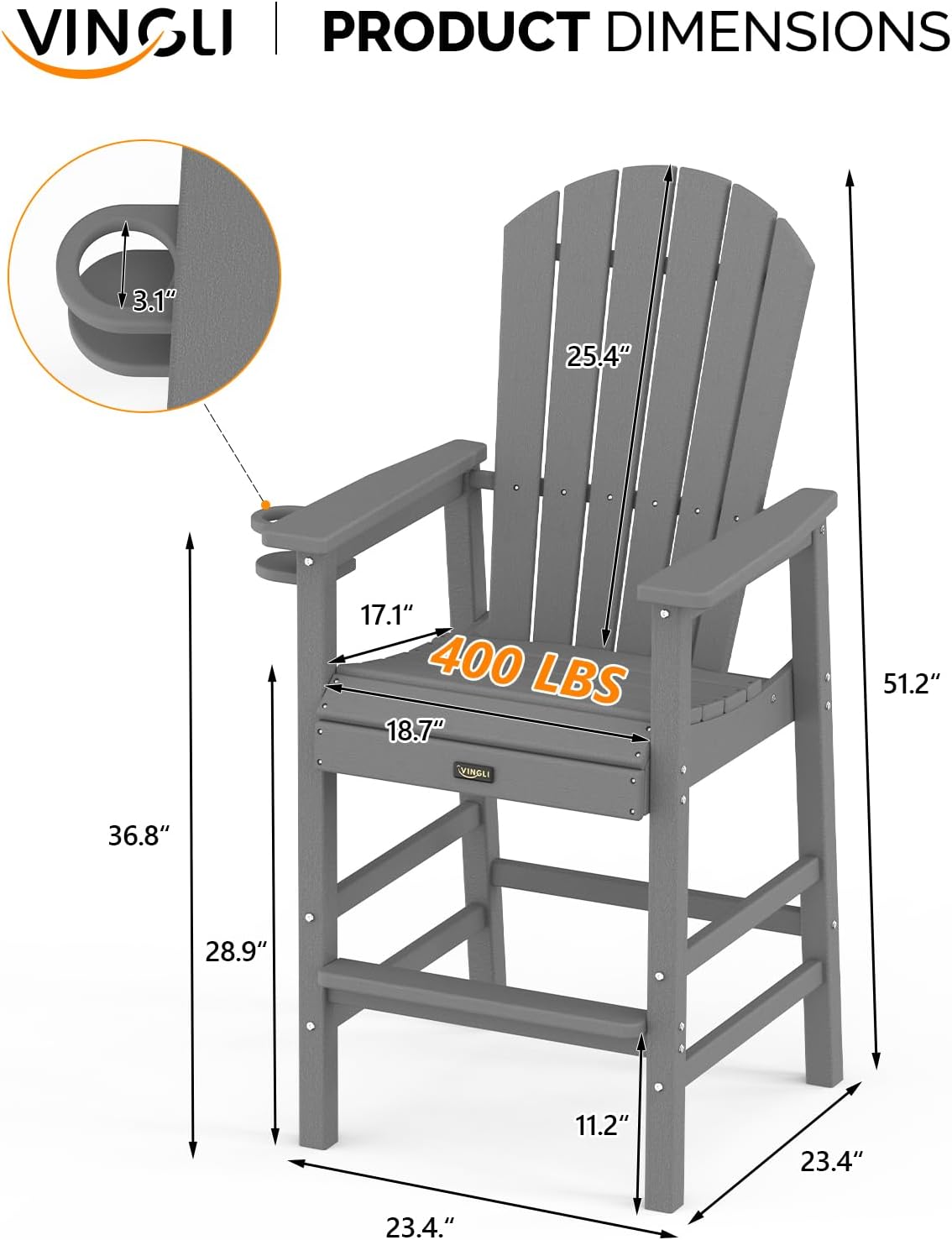 VINGLI Tall Adirondack Chair, All-Weather Plastic Adirondack Chair with Cup Holder Heavy-Duty Outdoor Barstools for Patio, Pool, Balcony,Backyard (Gray, 1 PCS)
