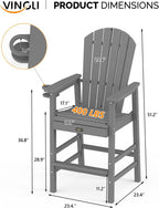 VINGLI Tall Adirondack Chairs Set of 2, All-Weather Plastic Adirondack Chair with Cup Holders, Heavy-Duty HDPE Outdoor Bar Stools for Patio, Balcony, Pool, Backyard (Gray, 2 PCS)