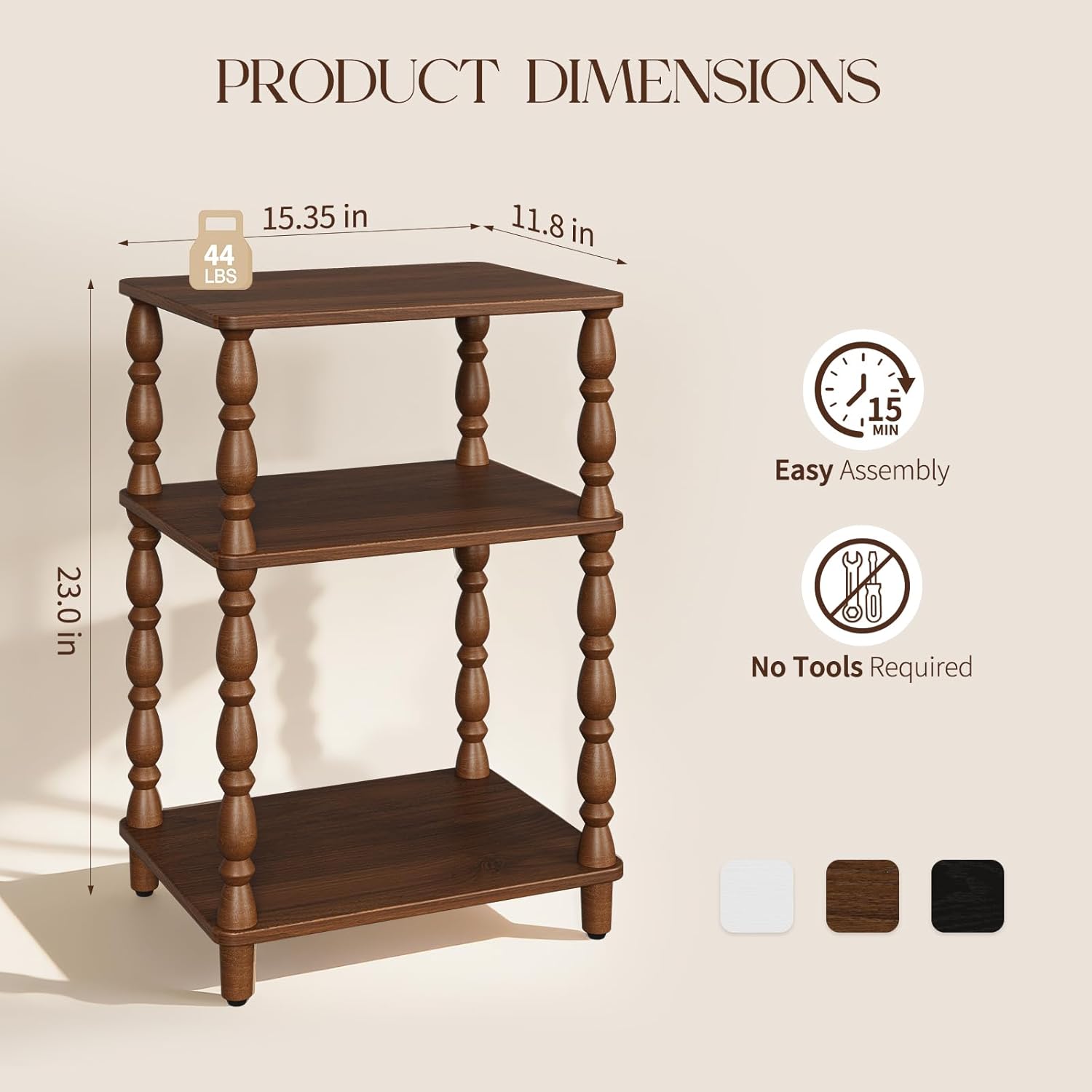 Yoobure Small Side Table - Vintage End Tables Living Room with Spindle Legs, Accent Night Stand with 3-Tier Storage Shelf, Wood Nightstand for Bedroom, Bedside Table for Narrow Spaces, Walnut