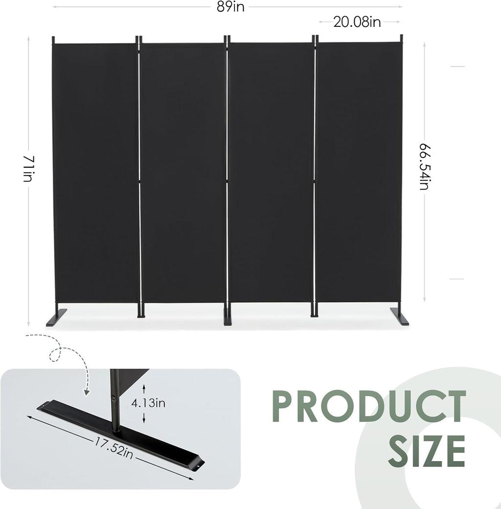 RANTILA 4 Panel Room Divider, 6 FT Folding Privacy Screen with Wide Feet, Freestanding Partition for Room Separation, Portable Room Divider Panel, 89" W x 71" H, Black
