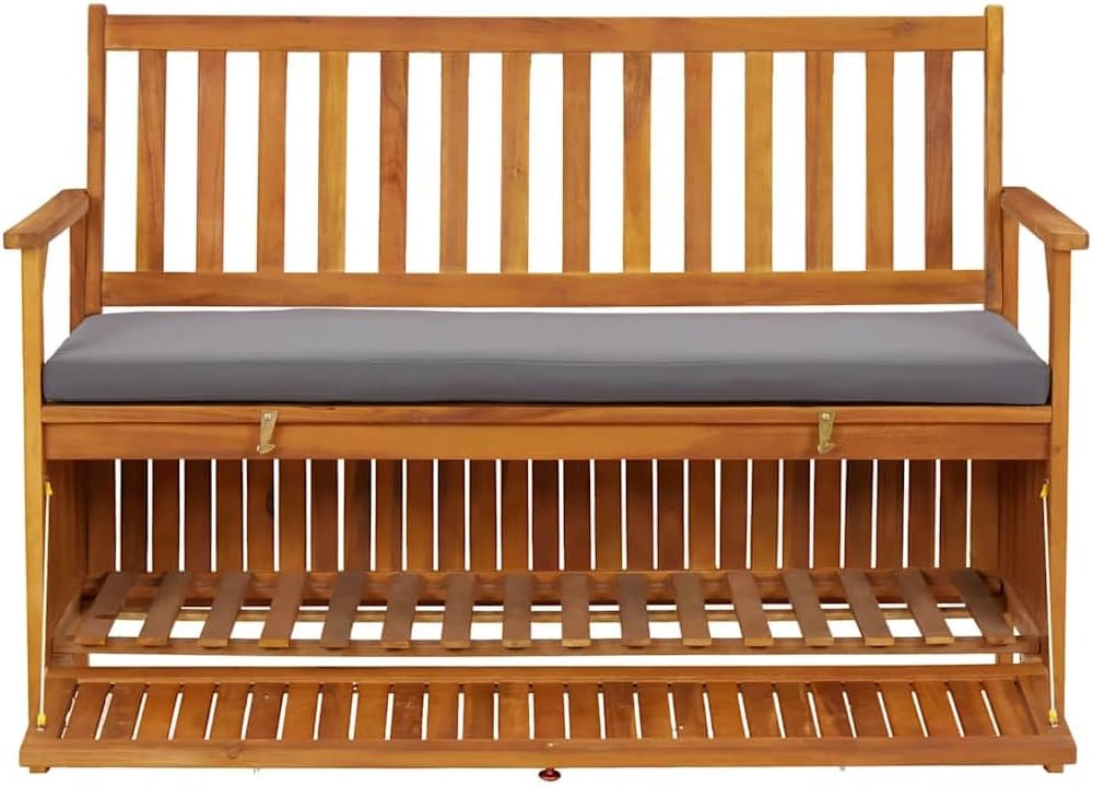 Solid Acacia Wood Patio Storage Bench 47.2 Inch with Cushion, Outdoor Garden Seat with Large Storage Compartment, Rustic Wooden Bench for Home and Garden