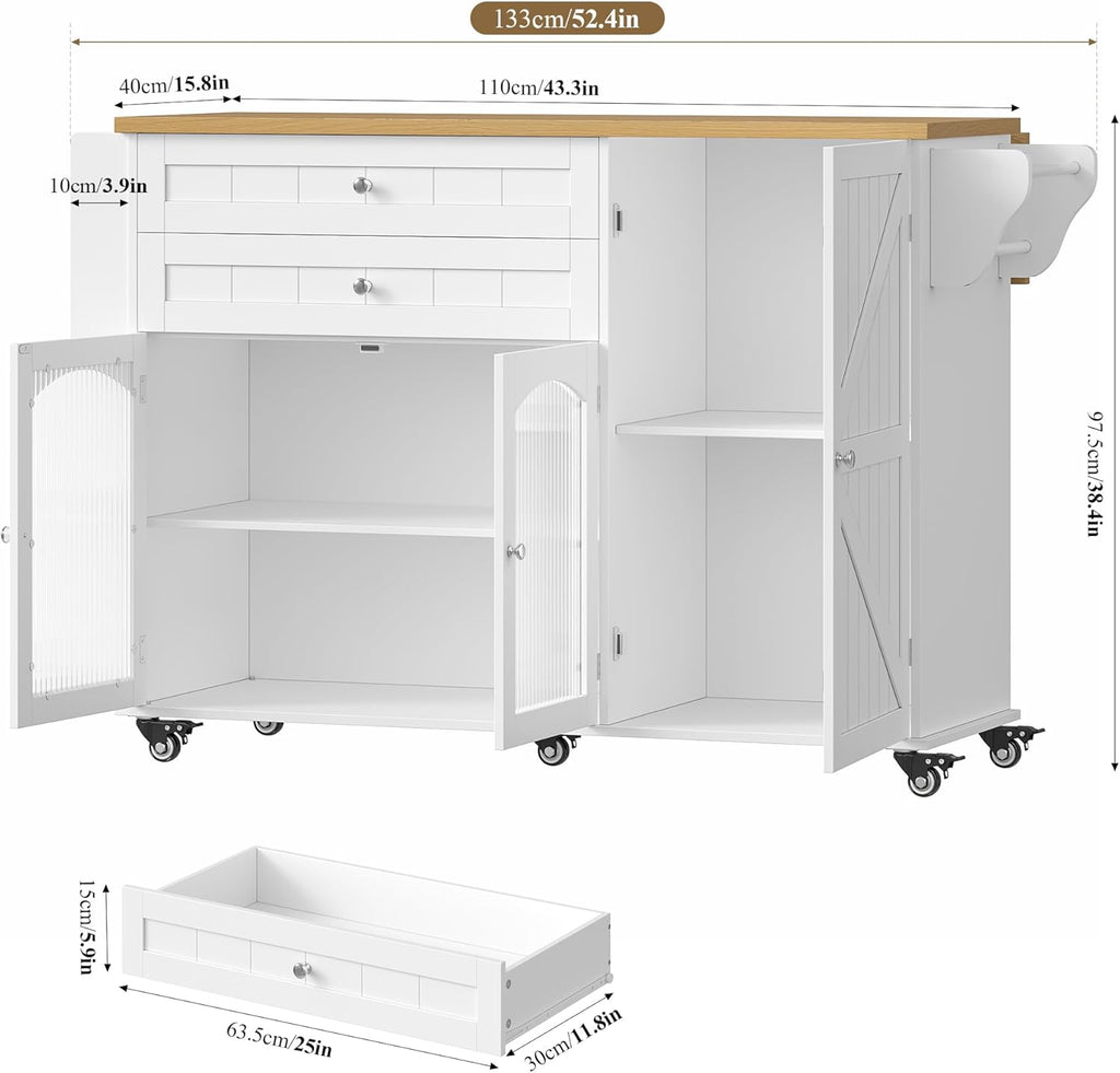 FINETONES Kitchen Island with Storage, Rolling Kitchen Island on Wheels with Wood Drop Leaf Countertop, Island Table Bar Cart with Spice Towel Rack Portable Kitchen Table Kitchen Carts on Wheels