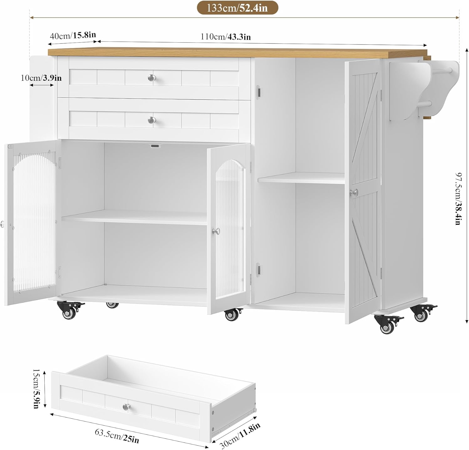 FINETONES Kitchen Island with Storage, Rolling Kitchen Island on Wheels with Wood Drop Leaf Countertop, Island Table Bar Cart with Spice Towel Rack Portable Kitchen Table Kitchen Carts on Wheels