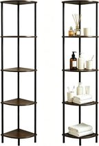 Corner Shelf Stand 5 Tier, Tall Slim Corner Bookshelf, Small Storage Display Shelving Unit for Home Office, Bathroom, Bedroom, Easy Assembly with Anti-Tip Design, Rustic Brown