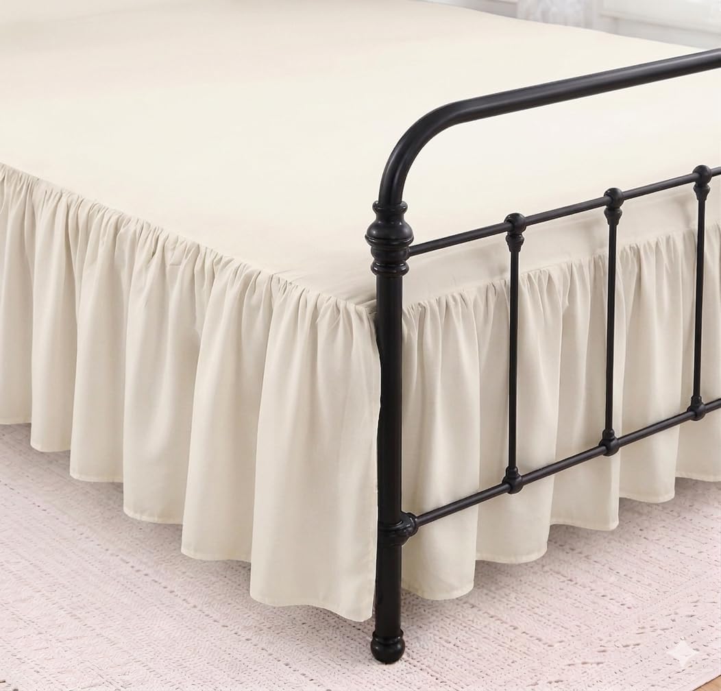 King Size Ruffled Bed Skirt - 16 inch Drop Dust Ruffle Bedskirt with Split Corners, Easy Fit Platform Design Bed Skirts, Three-Sided Coverage, Microfiber Bedskirts, Ivory