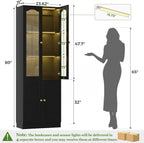 Cyclysio 80" Tall Pantry Cabinet with Arched Glass Doors and Lower Storage Cabinet, 2 Set Black Kitchen Pantry Storage Cabinet with Interior Motion Sensor Light, Adjustable Shelf, Baseboard Cutout