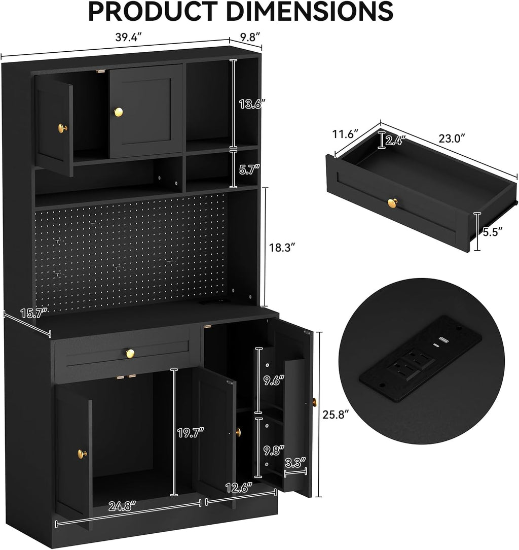 ELECWISH 71” Tall Pantry Cabinet with LED & Pegboard, Kitchen Pantry Storage Cabinet with Charging Station, 5 Hooks and Adjustable Shelf, Large Kitchen Hutch Coffee Bar for Dining Room, Black