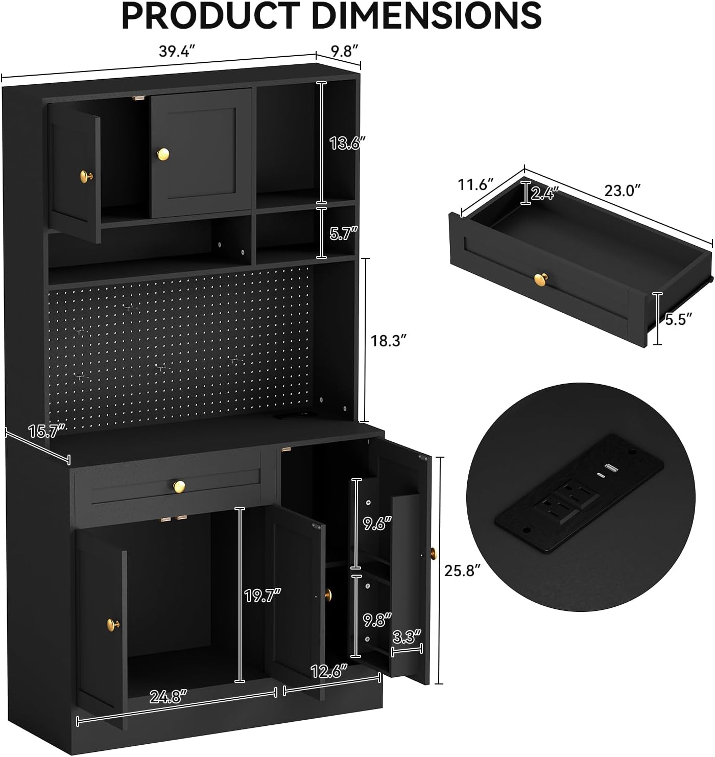ELECWISH 71” Tall Pantry Cabinet with LED & Pegboard, Kitchen Pantry Storage Cabinet with Charging Station, 5 Hooks and Adjustable Shelf, Large Kitchen Hutch Coffee Bar for Dining Room, Black