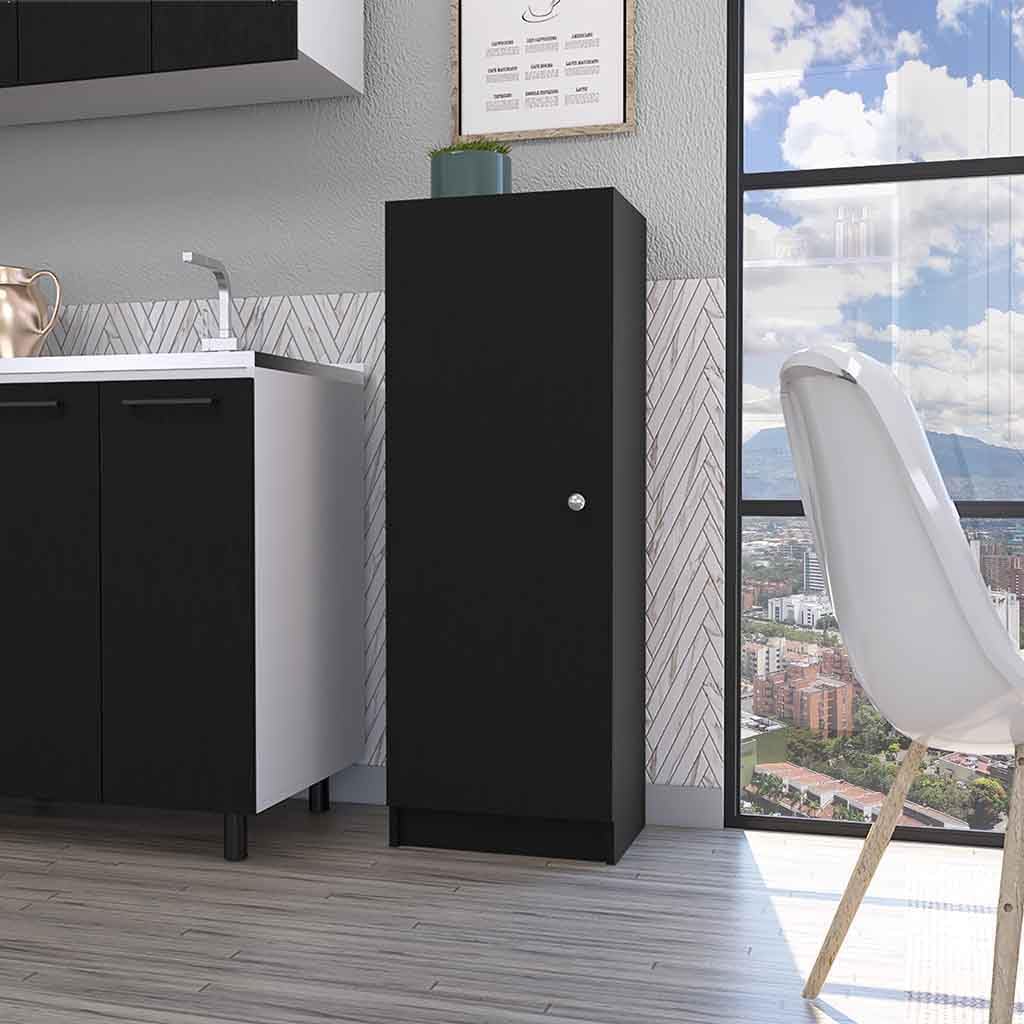 Miami Single Door Pantry, 4 Shelves, Black Engineered Wood, Space-Saving Storage for Kitchen or Hallway