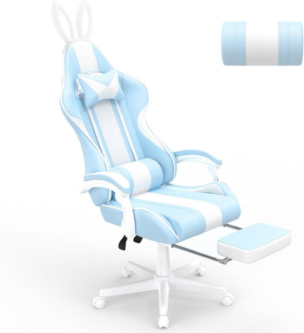 Ferghana Kawaii Light Blue Gaming Chair with Bunny Ears, Ergonomic Cute Gamer Chair with Footrest and Massage, Racing Reclining Home Computer Game Chair for Girls Adults Teens Kids