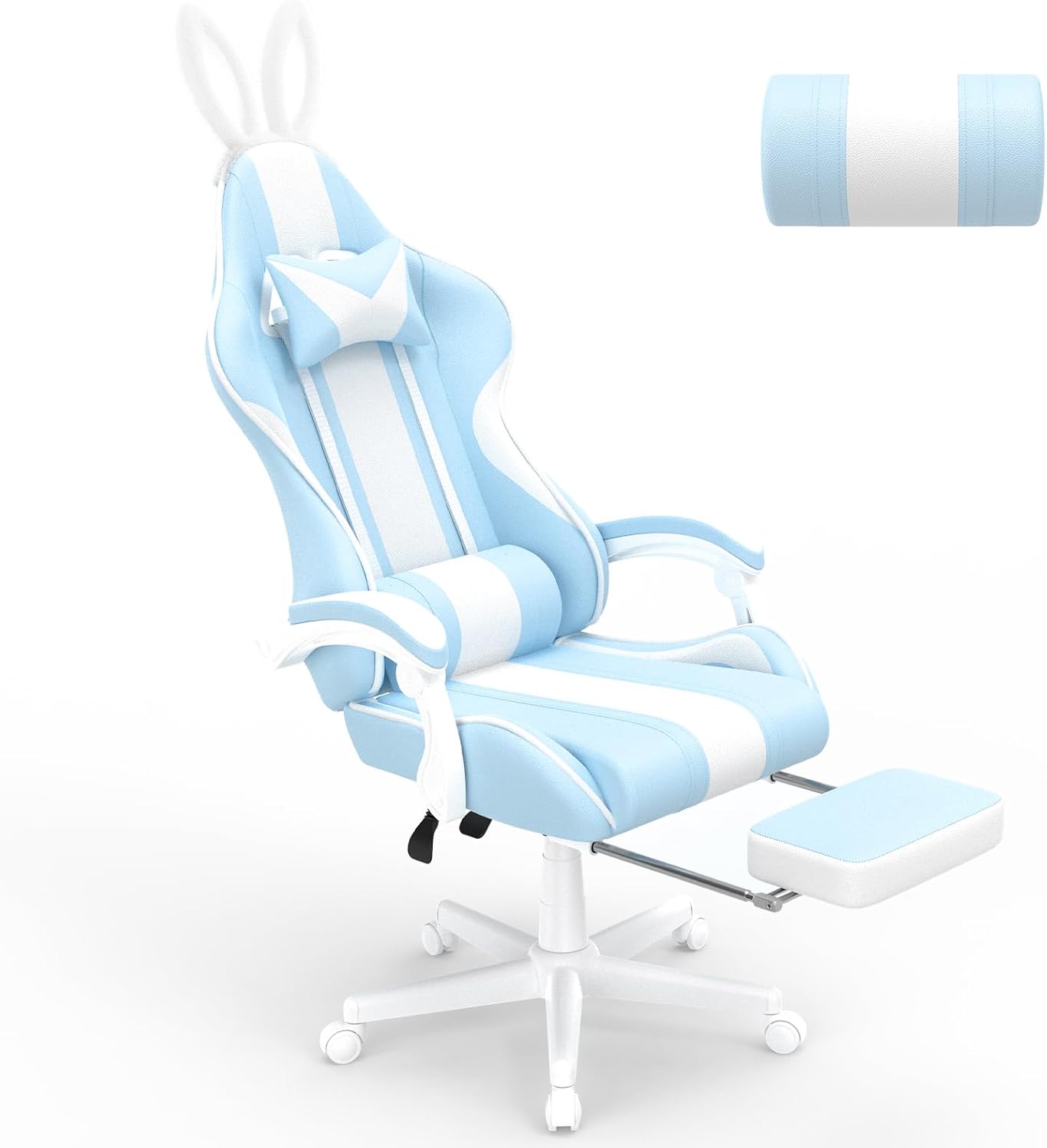 Ferghana Kawaii Light Blue Gaming Chair with Bunny Ears, Ergonomic Cute Gamer Chair with Footrest and Massage, Racing Reclining Home Computer Game Chair for Girls Adults Teens Kids