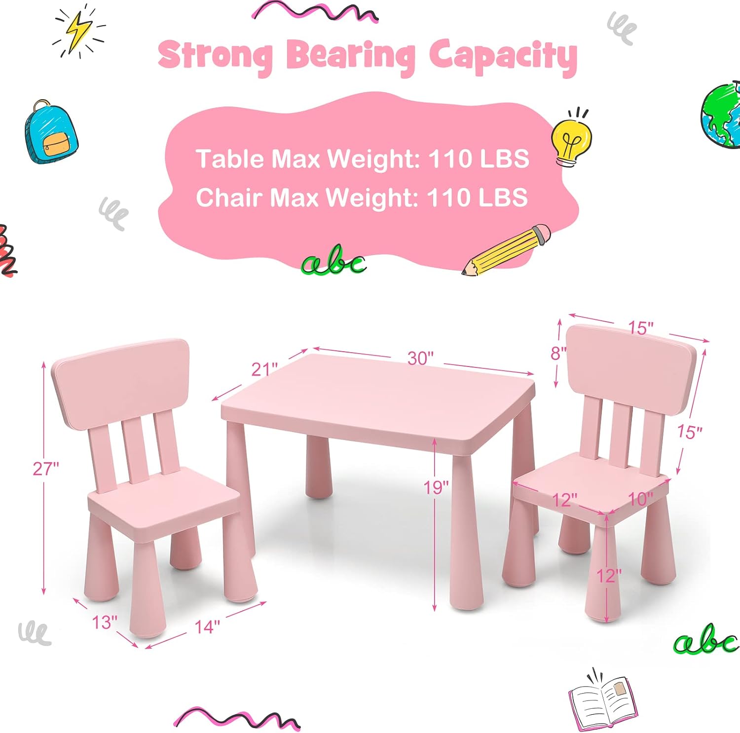 HONEY JOY Kids Table and Chair Set, Plastic Children Activity Table and 2 Chairs for Art Craft, Easy-Clean Tabletop, 3-Piece Toddler Furniture Set for Daycare Playroom, Gift for Boys Girls(Pink)