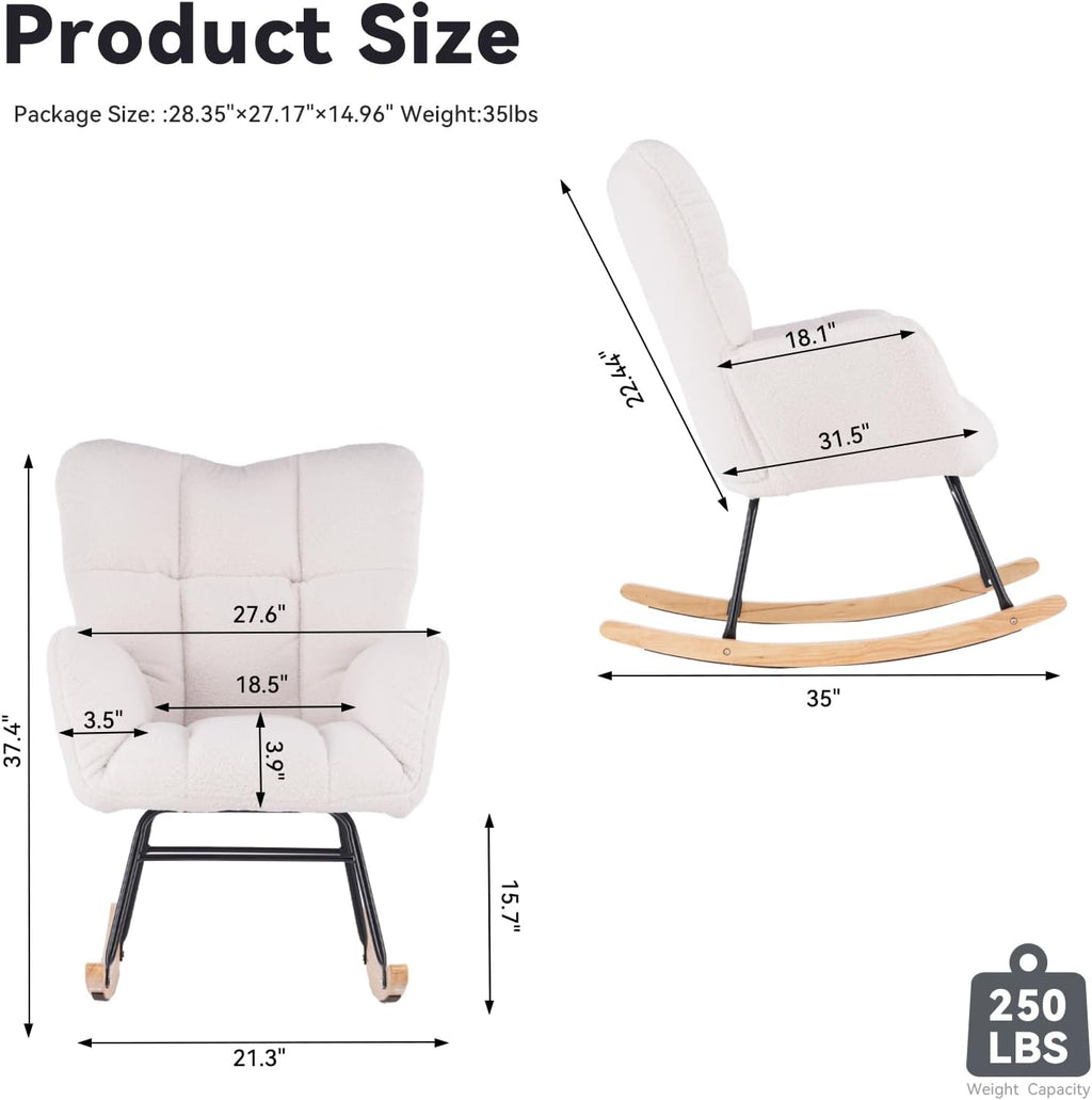 FOXHUNTER Rocking Chair Nursery Teddy Upholstered Glider Rocker High Backrest Nursery Rocker Comfortable Stylish Accent Armchair for Living Rooms Bedrooms Offices (Teddy Ivory)