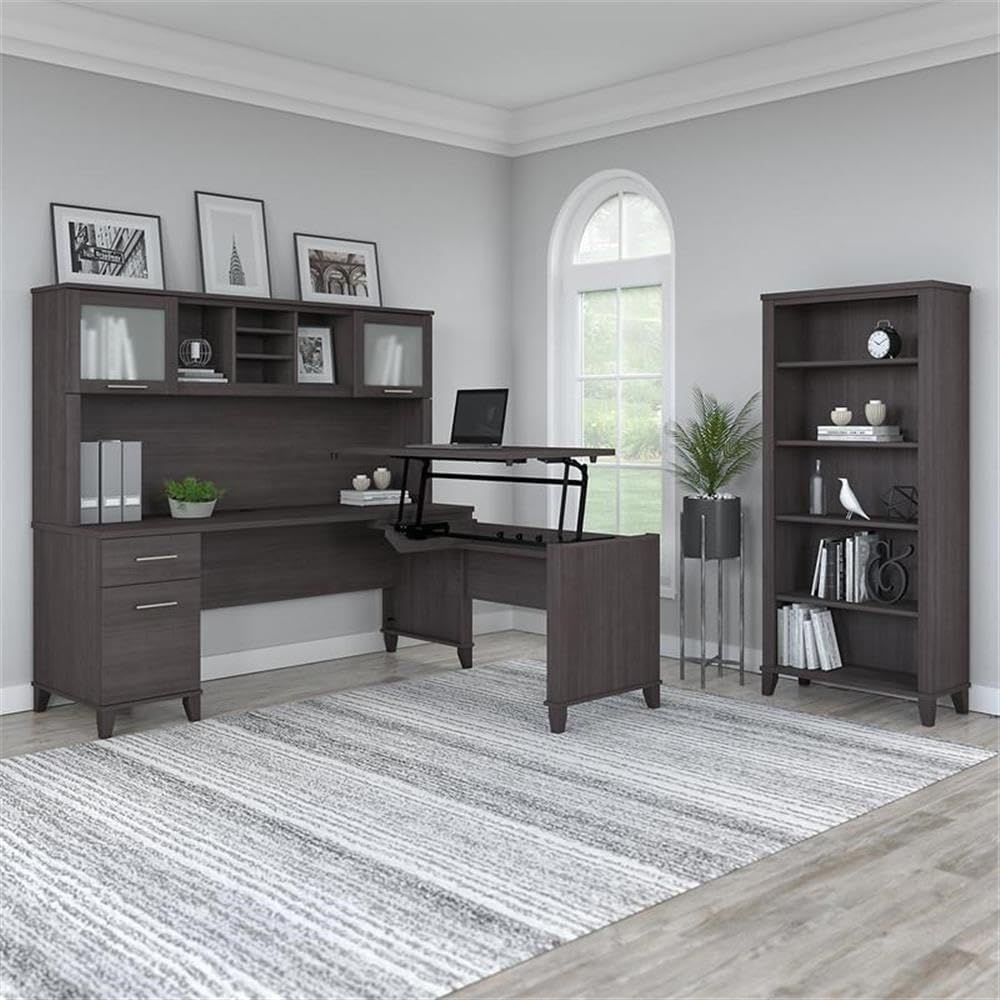 Bush Furniture Somerset 72W 3 Position Sit to Stand L Shaped Desk with Hutch and Bookcase in Storm Gray