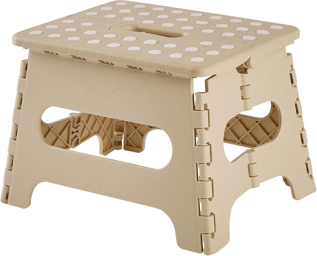 VECELO Step Stool Folding Chair (2024 New, Safety Lock Design) Step Ladder, Width 12.6 x Depth 9.8 x Height 8.7 inches (32 x 25 x 22 cm), Khaki Folding Stool, Chair, Compact, Outdoor/Indoor,