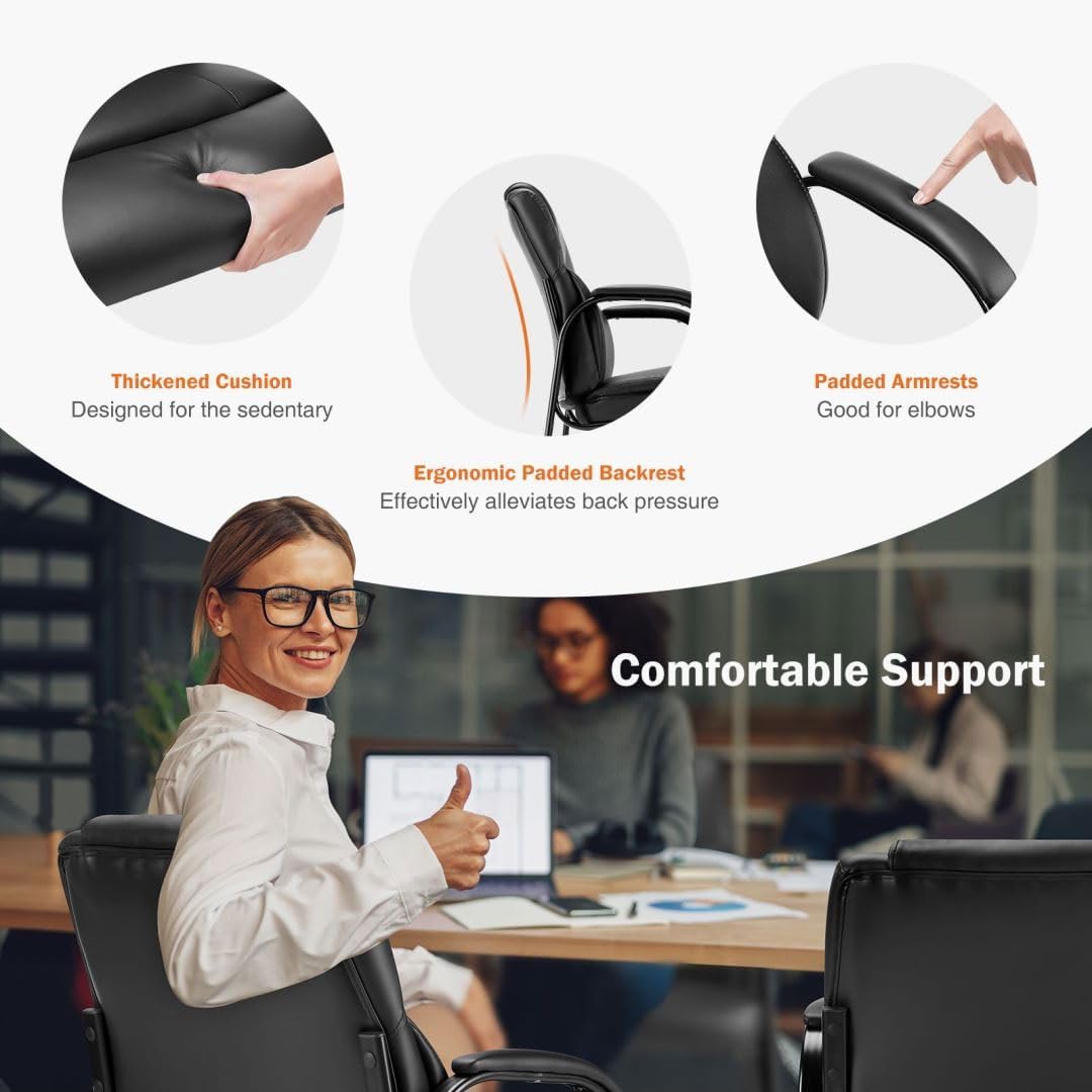 PU Leather Conference Room Chair, Tall Back Chairs with with Padded Arms and No Wheels, Guest Chair for Reception Waiting Room Black