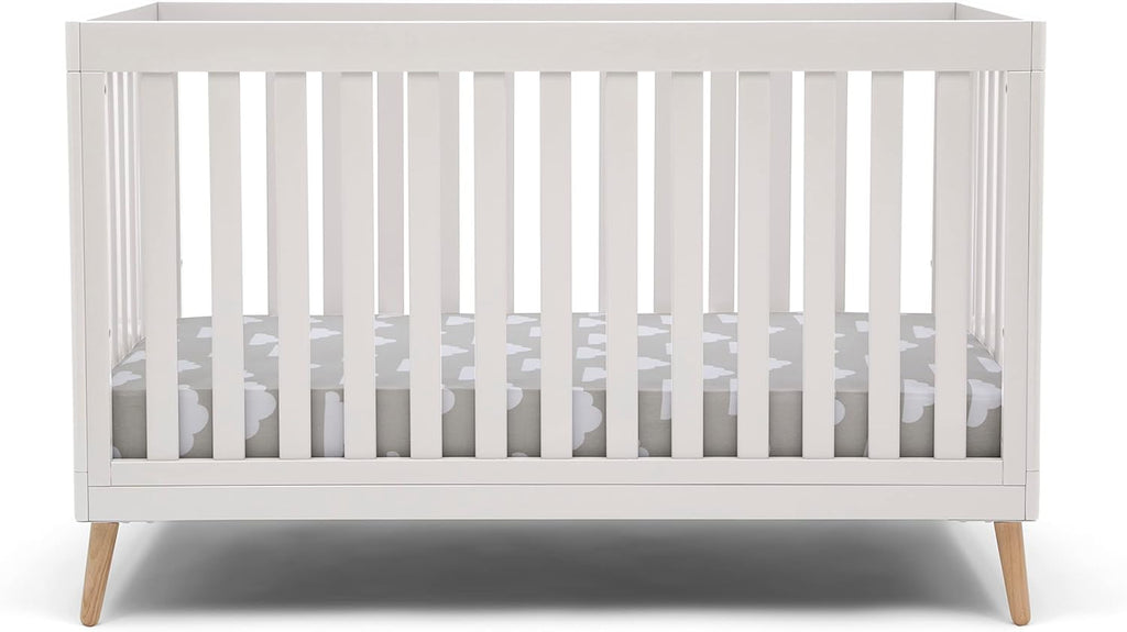 Delta Children Essex Crib 6-Piece Baby Nursery Furniture Set–Includes: Convertible Crib, 6 Drawer Dresser, Changing Top, Crib Mattress, Sheets, & Changing Pad, Bianca White w/Natural