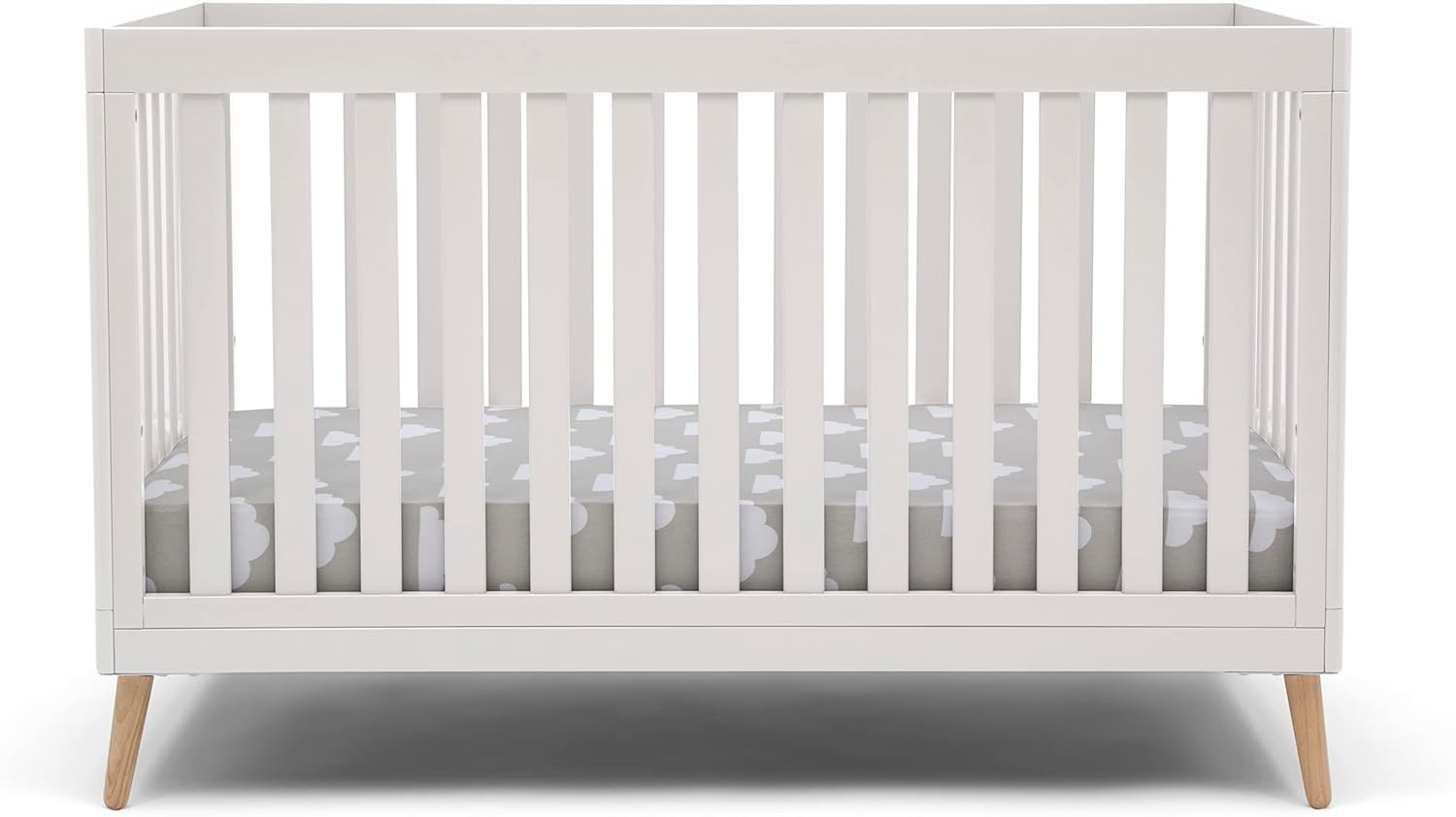 Delta Children Essex Crib 6-Piece Baby Nursery Furniture Set–Includes: Convertible Crib, 6 Drawer Dresser, Changing Top, Crib Mattress, Sheets, & Changing Pad, Bianca White w/Natural