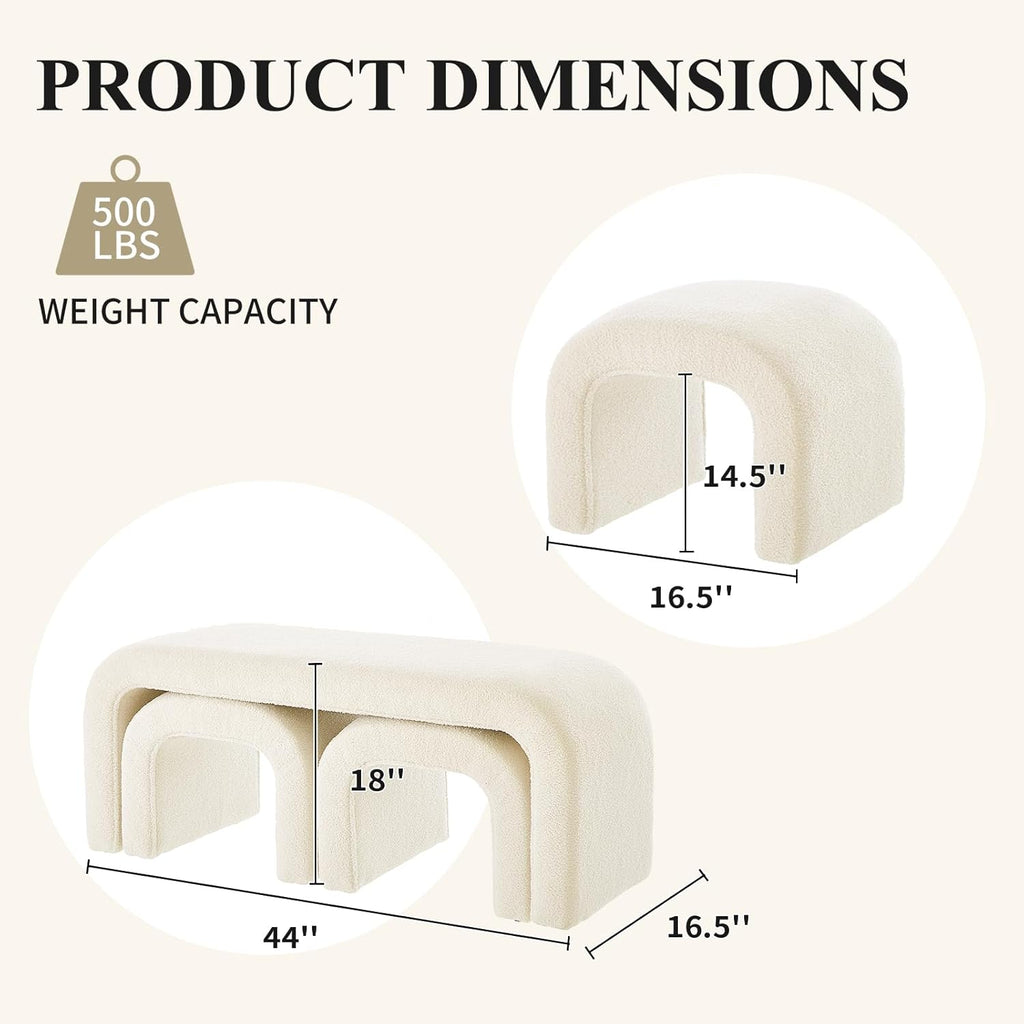 3-Piece Modern Ottoman Bench Set, 44" Wide Teddy Upholstered End of Bed Bench with 2 Foot Stools, Padded U-Shaped Entry Bench Vanity Stool for Living Room Bedroom (Cream)