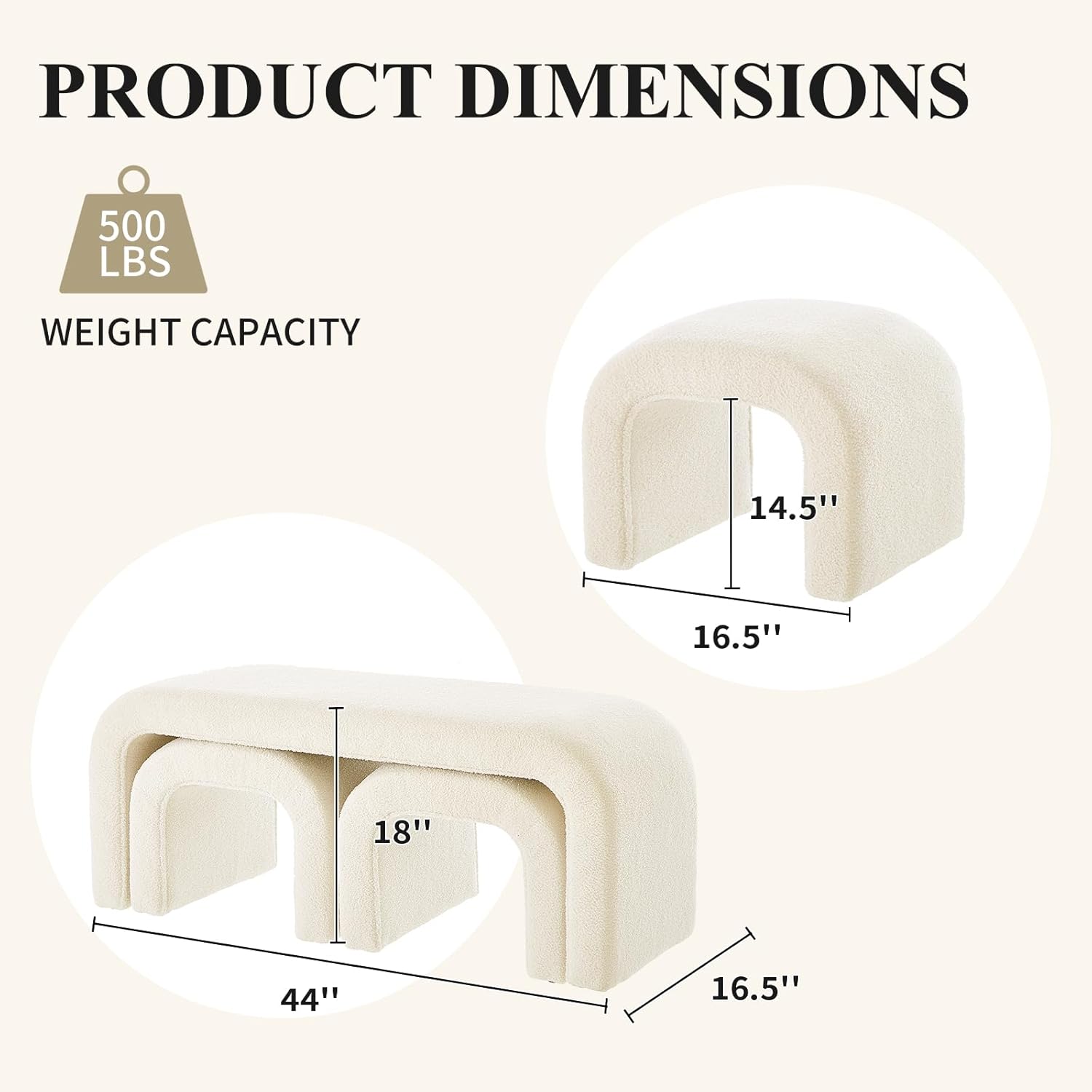 3-Piece Modern Ottoman Bench Set, 44" Wide Teddy Upholstered End of Bed Bench with 2 Foot Stools, Padded U-Shaped Entry Bench Vanity Stool for Living Room Bedroom (Cream)
