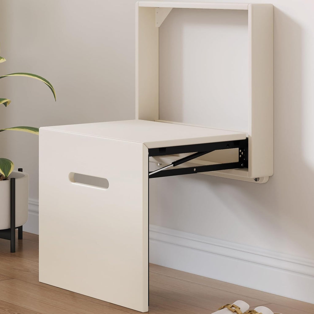 Wall Mounted Seat Shoe Changing Stool, Folding Stool Chair for Entryway, Space Saving Hidden Wall Stools,Folding Entryway Stool, Tea White, 18.97" W
