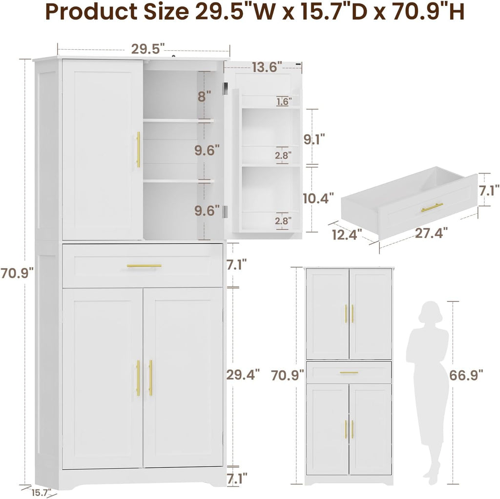 70.9" Tall Pantry Cabinet, Kitchen Pantry Storage Cabinet, Freestanding Food Pantry Cabinet with 4 Doors and Adjustable Shelves, Cupboard with Drawer for Kitchen, Living Room, White