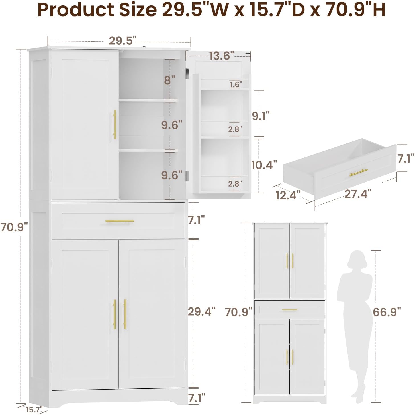 70.9" Tall Pantry Cabinet, Kitchen Pantry Storage Cabinet, Freestanding Food Pantry Cabinet with 4 Doors and Adjustable Shelves, Cupboard with Drawer for Kitchen, Living Room, White