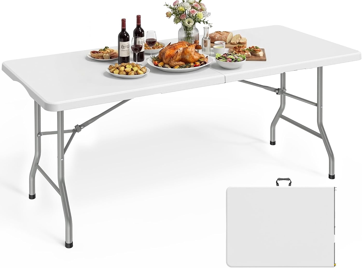 Pureegg 6FT Folding Table - No Assembly Required, Versatile Dining Table with Carrying Handle & Tabletop Safety Lock, Portable Foldable Table for Party, Craft, Camping, Picnic, White