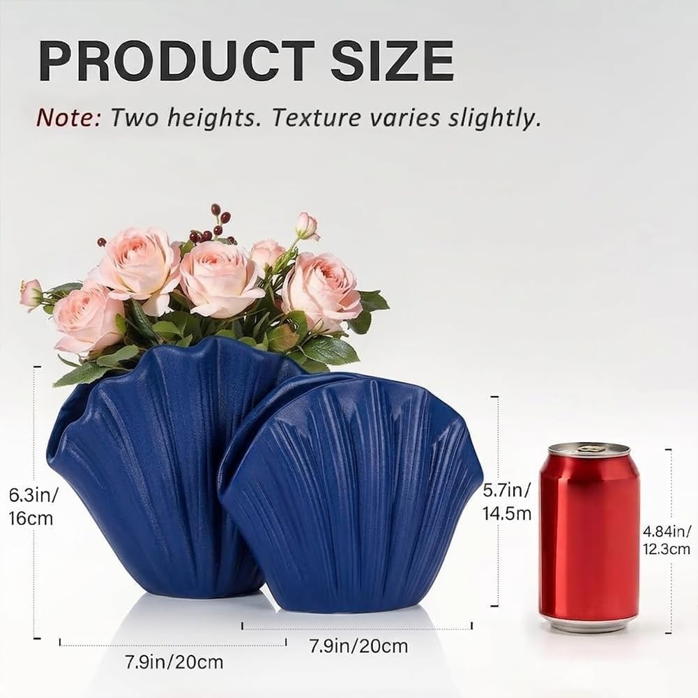 Blue Ceramic Shell Vase Set of 2 - Coastal Decorative Vases for Home Decor, Pampas Grass or Flowers, Navy Blue Centerpieces for Coffee Table, Shelf, Fireplace Mantle, Entryway or Dining Room