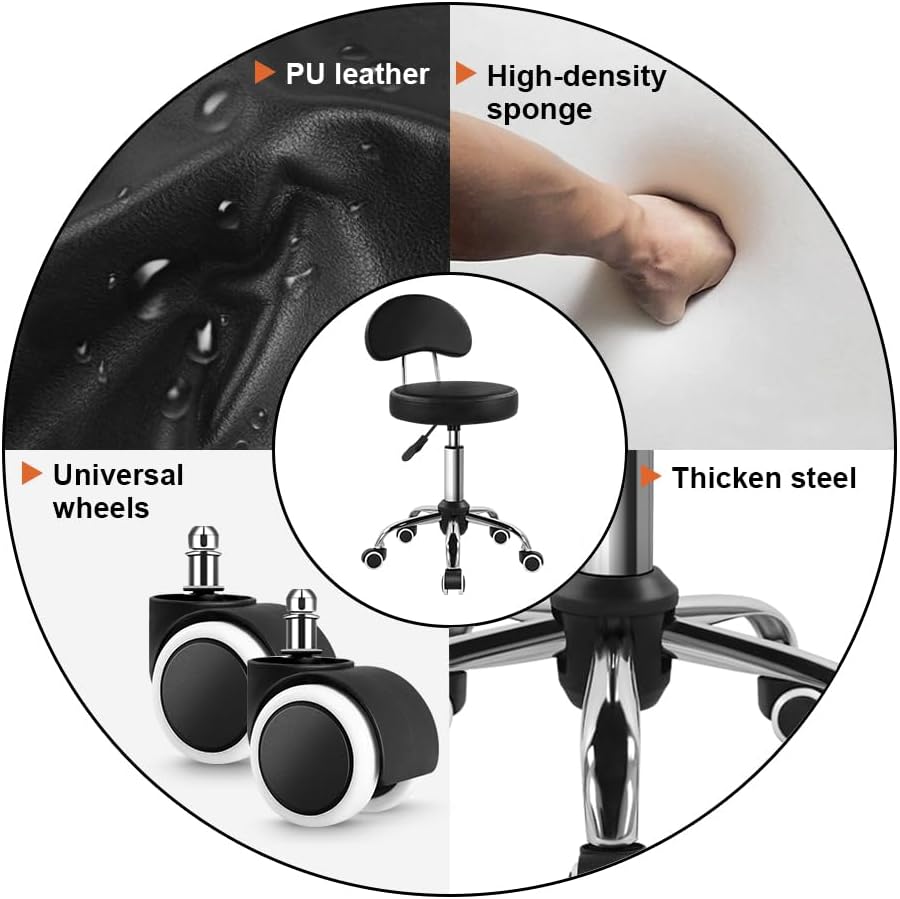 KKTONER Rolling Stool with Mid Back Height Adjustable Chair PU Leather Swivel Chair with Wheels for Office Home Task Drafting (Black)