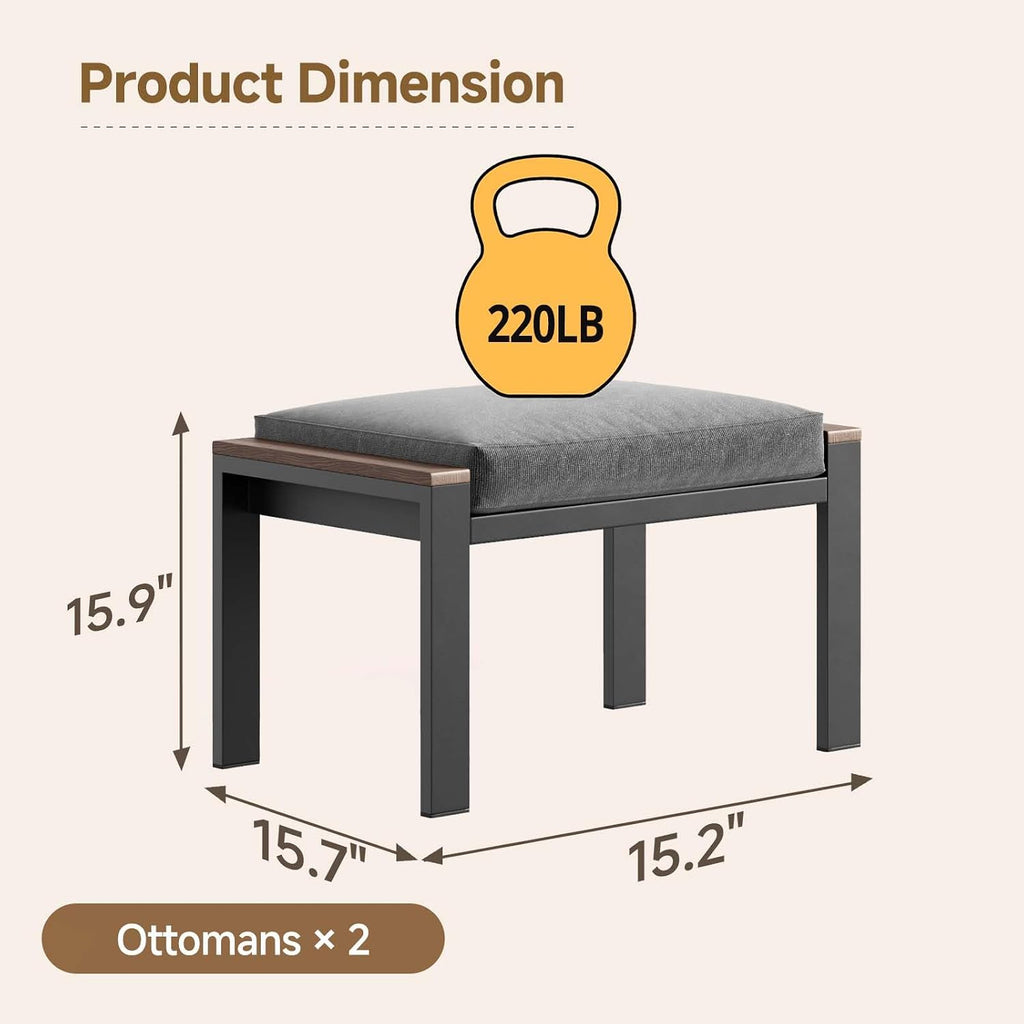 Outdoor Aluminum Patio Furniture Step Stool, 2Pcs Rust-resistant Patio Conversation Foot Stool with Comfort Washable Cushions and Metal Legs, Ottoman Foot Rest for Backyard Porch Deck Dalcony