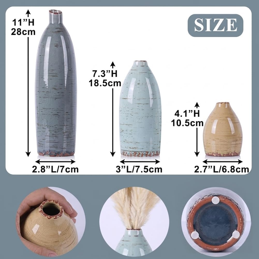 Ceramic Vase Set of 3 - Modern Coastal Rustic Home Decor Flower Vases for Living Room, Kitchen Island, Dining Table Centerpiece Decor, Office Shelf, Fireplace Mantle Decorations (Multicolor Mix)