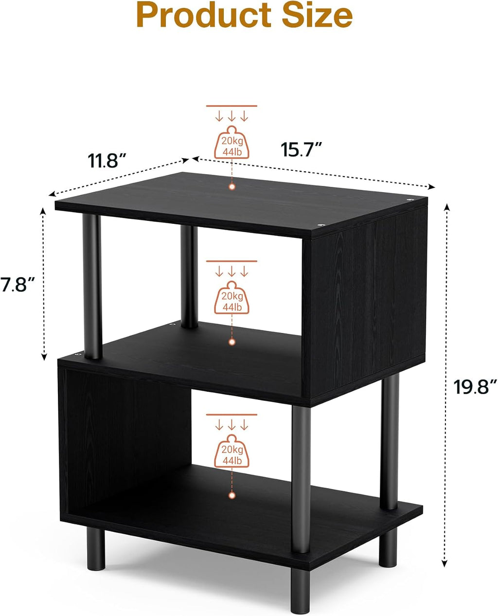 Frylr Small Side Table, End Table and Nightstand with 3-Tier Wood Shelves, Sturdy Metal Frame with 44 LBS Capacity per Shelf, Easy to Assemble for Living Room or Bedroom,Black