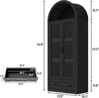 75" Tall Arched Kitchen Pantry Cabinet w Load-Bearing Steel Pipe,Modern Farmhouse Kitchens Storage Cabinet with Drawer and Glass Doors,Tall Arched Bookcase,Pantry Organizer(Woodgrain Black)