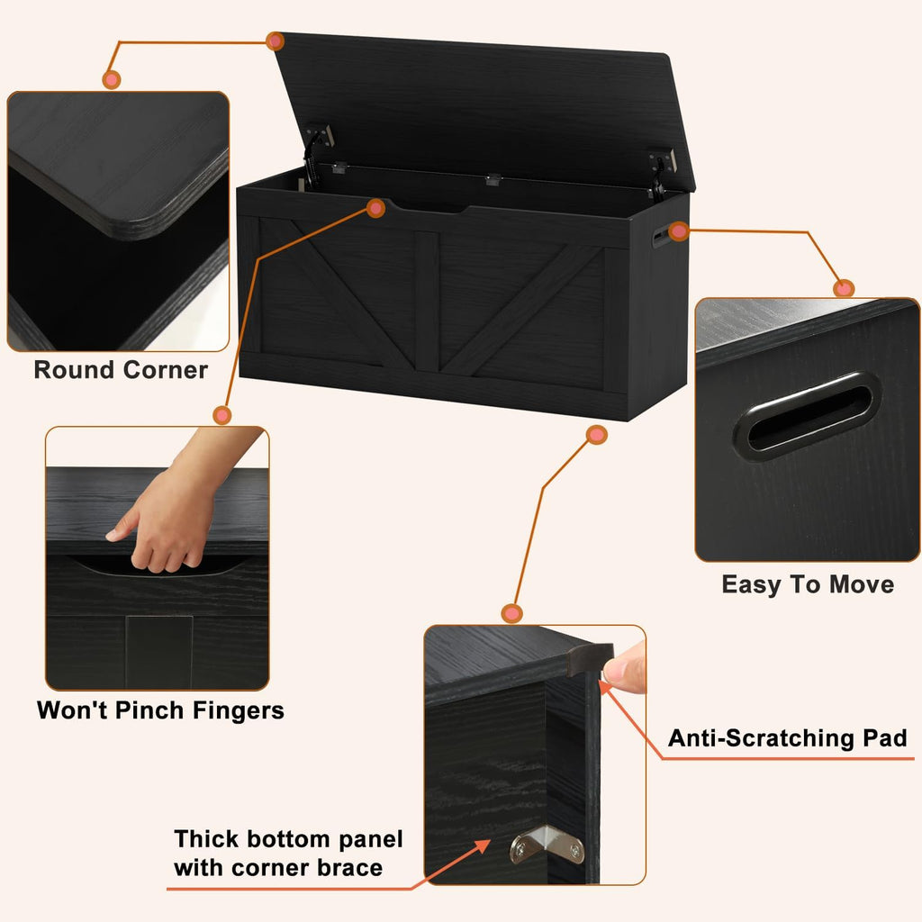 Timberer 39.4" Storage Chest, Wooden Storage Bench, Large Storage Trunk with 2 Safety Hinges, Entryway Shoes Bench for Living Room, Bedroom, Black