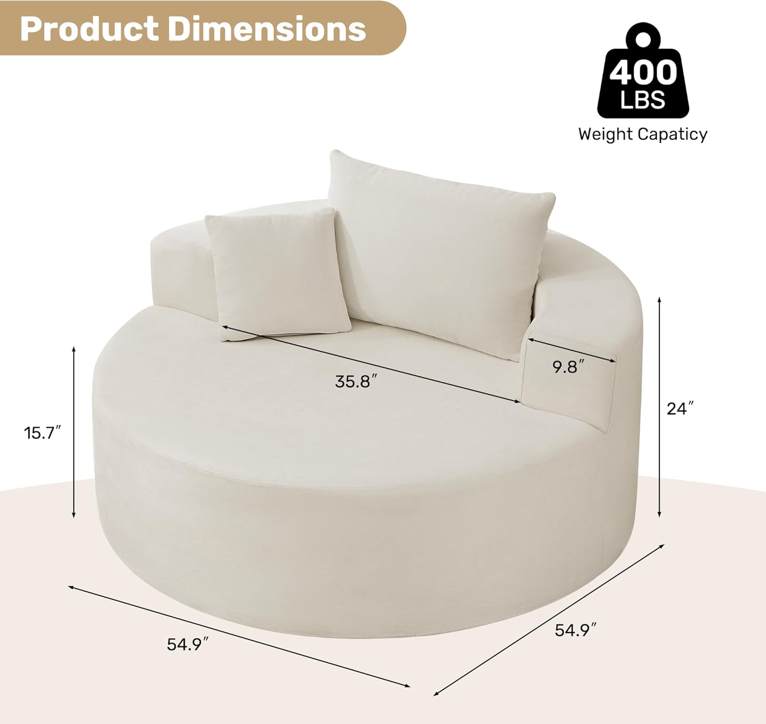 55in Round Chaise Longue Chair Indoor Modern Oversize Upholstered Deep Seat Circle Single Cloud Lounge Floor Sofa Bed with Pillow for Living Room Bedroom Apartment (Beige)