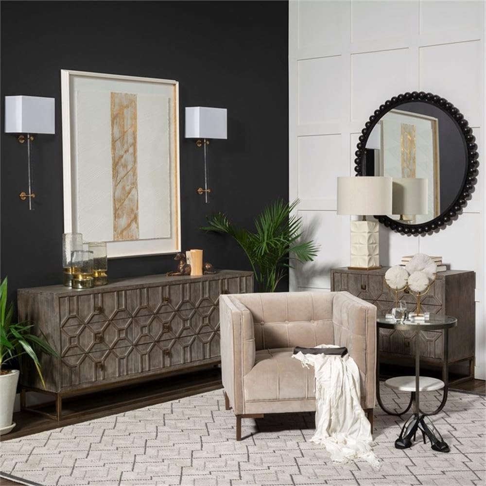 Pemberly Row Round Glass Top End Table, Gold Metal Frame with Marble Shelf, 20 in x 20 in x 24 in, Durable Iron Construction, Elegant Design for Living Room or Office Decor